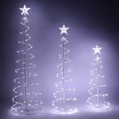 3, 4, 5 Ft Tall Cool White Metal and PVC Indoor Outdoor Spiral Christmas Tree LED Yard Light (Set of 3)