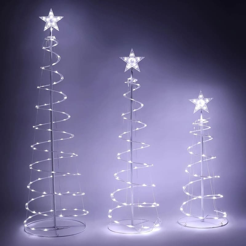 Joyfy 3 Packs Christmas Spiral Tree 218 Pre-Lit LED Cool White Lights with Metal Stakes