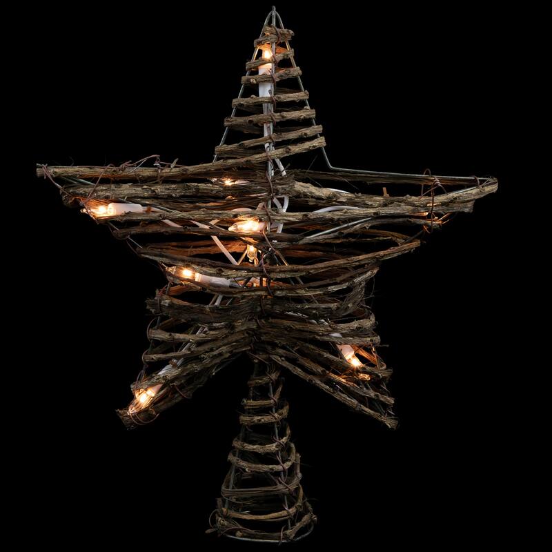 11" Rattan Twigs Star Christmas Tree Topper- Clear Lights White Wire