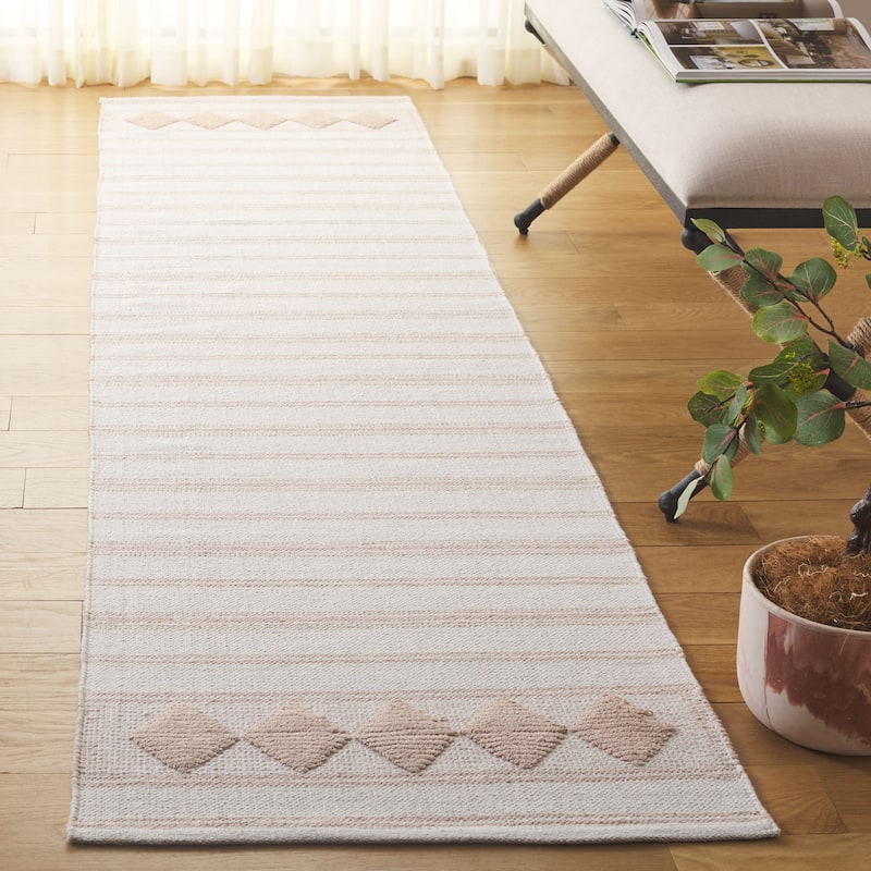 SAFAVIEH Handmade Flatweave Montauk Sietske Boho Stripe Cotton Rug - 2'3" x 9' Runner - Pink/Ivory