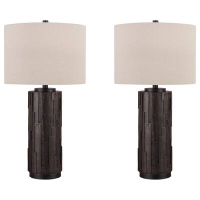 Textured Polyresin Frame Table Lamp with Drum Shade, Off White and Bronze