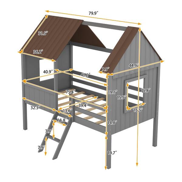 GrayBrown Wood Low Loft Bed, Twin Size Playhouse Bed with Semi-enclosed House Frame, 2 Side Windows, Ladder, Guardrails