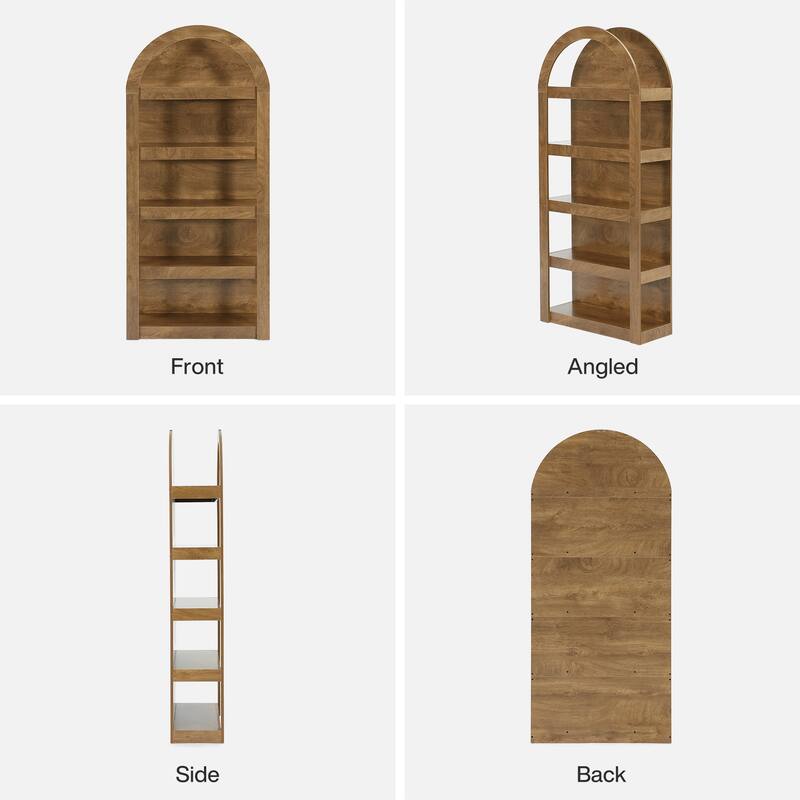 71" Tall Bookcase, 5-Tier Arched Bookshelf, Wooden Display Shelves for Living Room, Bedroom, Home Office