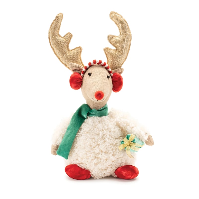Christmas Reindeer Decor Plush Figure for Shelf or Mantel 15.5 Inch - 8” x 6” x 15.5” - Beige-Red-Green
