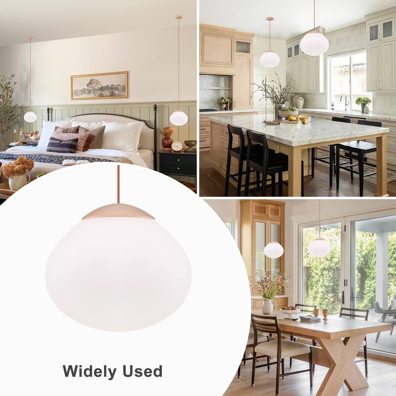 Modern Wood Pendant Light with White Glass Shade Kitchen Fixture - Dia.12.5-in