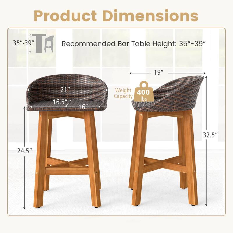 Costway Outdoor Faux Rattan Bar Chairs Set of 2/4 Solid Acacia Wood - See Details
