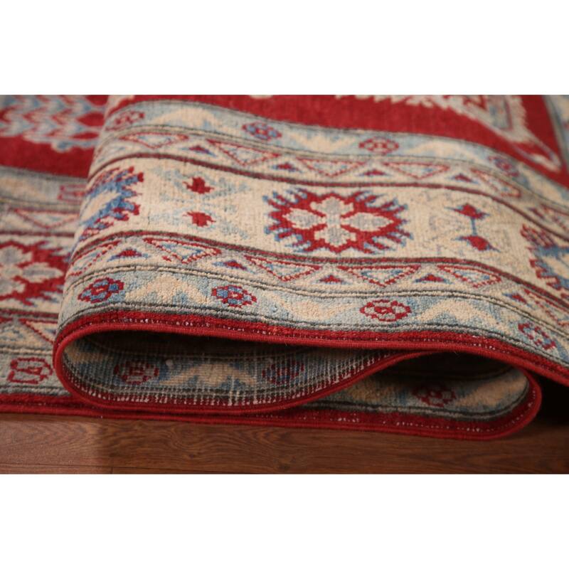 Red Geometric Kazak Living Room Area Rug Hand-Knotted Wool Carpet - 6'7" x 10'1"