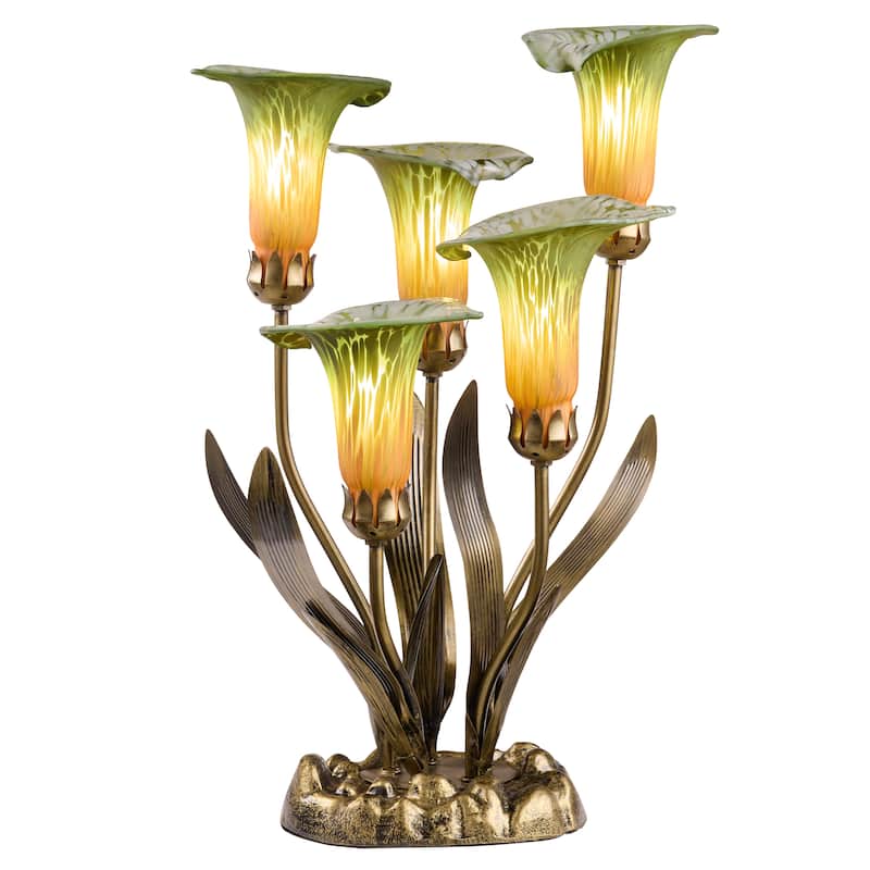 20-inch Antique Brass and Hand Blown Glass 5 Calla Lily Uplight Accent Lamp - 15" x 14" x 20" - 15" x 14" x 20" - Green/Orange/Brass