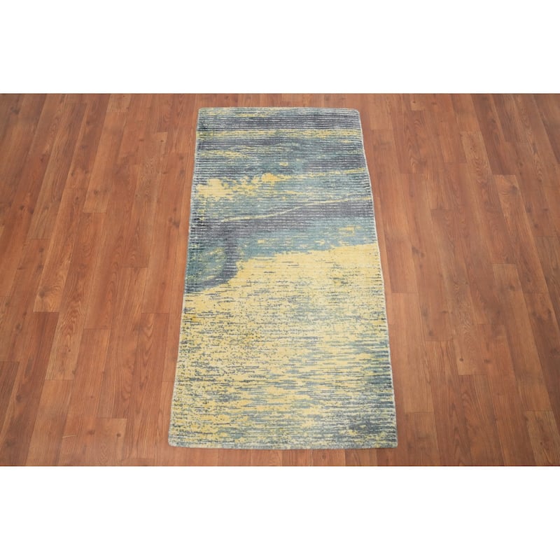 Hand Knotted Oriental Viscose Silk Carpet Modern All-Over Yellow & Gold Abstract Area Rug - 4' 0'' X 2' 0''