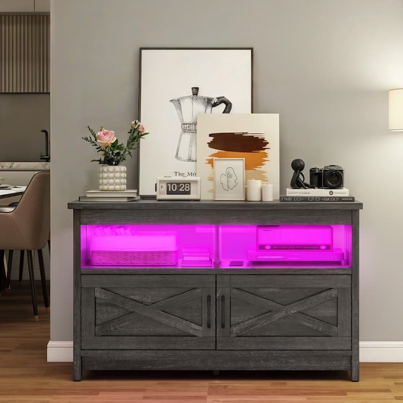 Farmhouse TV Stand for up to 65" TV with Doors and Open Shelves Media Console Power Outlet