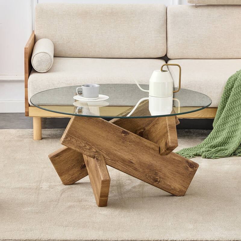 GDFStudio Marcellus Tempered Glass Coffee Table with Textured Legs