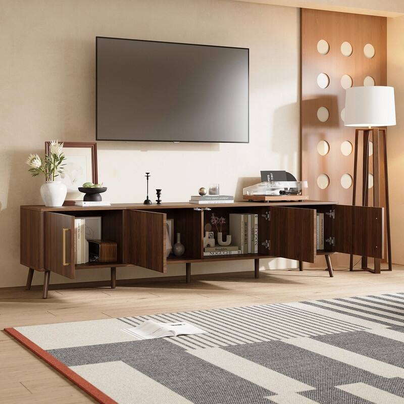 78" Modern TV Stand for TVs up to 85", with Fluted Doors, Cable Management, Soft-Closing Hinges & Solid Wood Legs