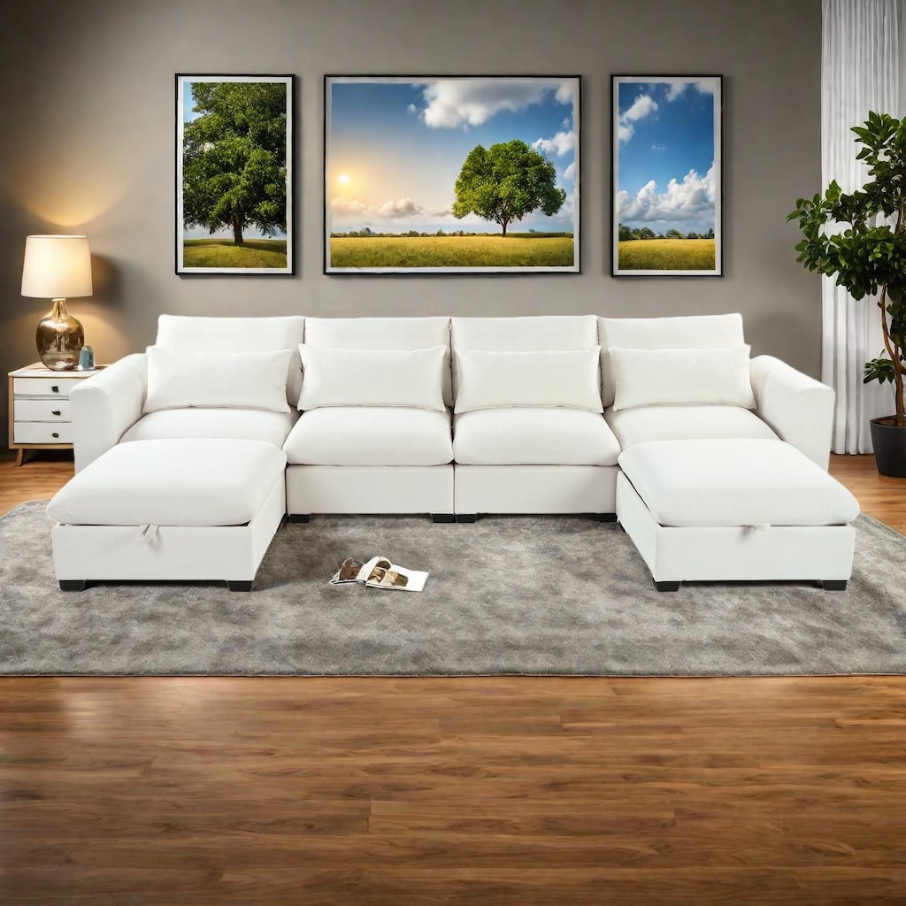 132.3" Linen Blend U-Shaped Modular Sectional Sofa with 2 Ottomans, Transformable Design and Hidden Storage
