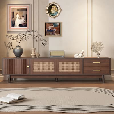 Charming Mid Century Modern TV Stand with Sliding Doors and Smart Storage