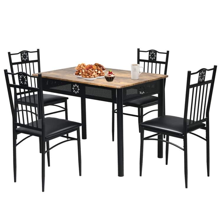 5 pcs Dining Set Wood Metal Table and 4 Chairs with Cushions - Black