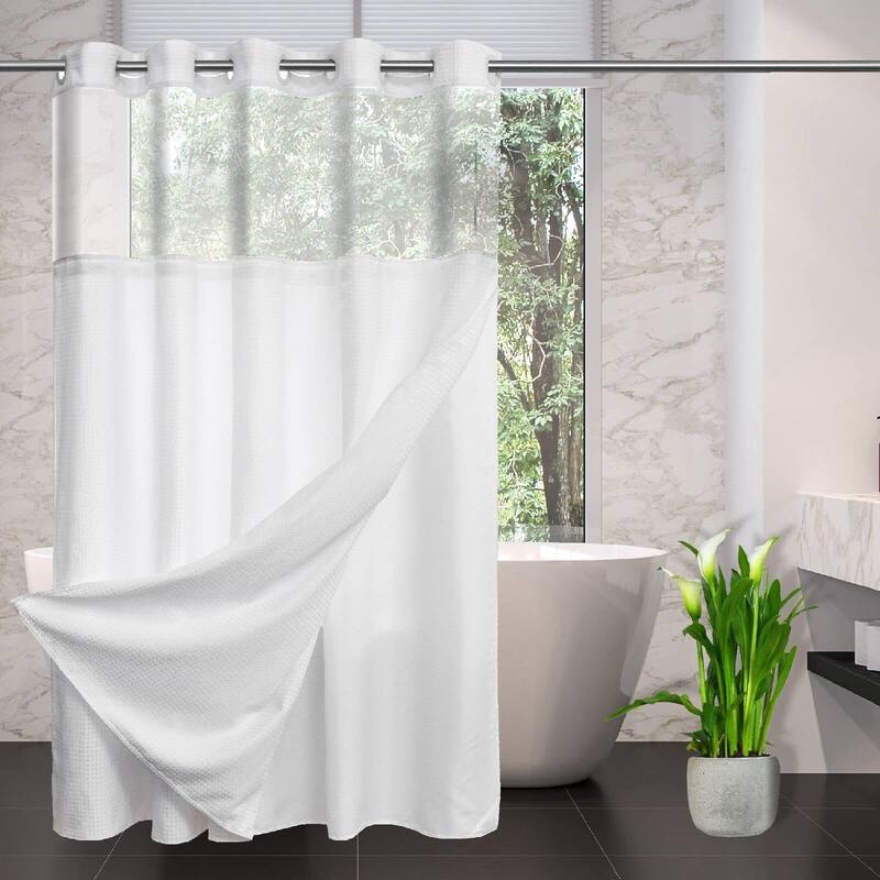 No Hook Waffle Shower Curtain, 71x74, Snap-in Liner, Graphite Grey