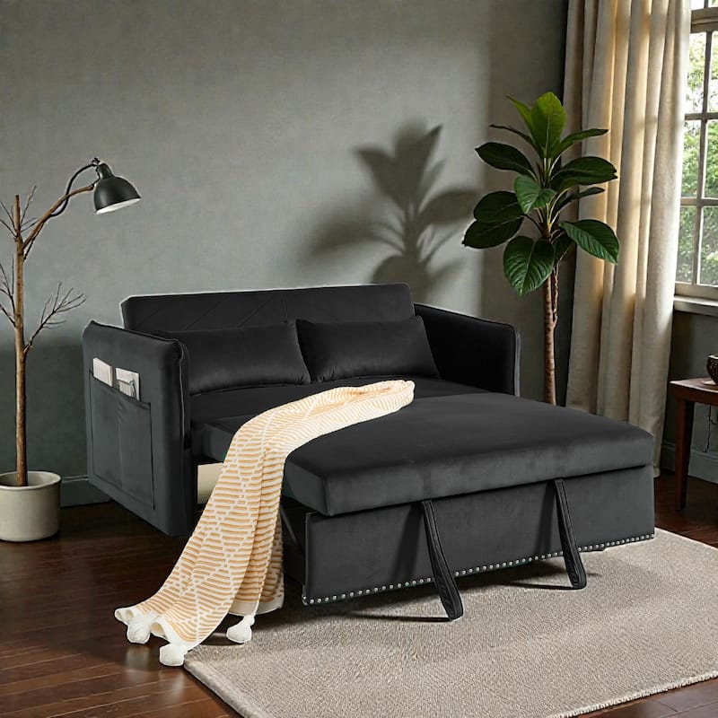 3 in 1 Convertible Sleeper Sofa Bed, Velvet Futon Loveseat with Pull Out Bed, Adjustable Backrest and Side Pockets