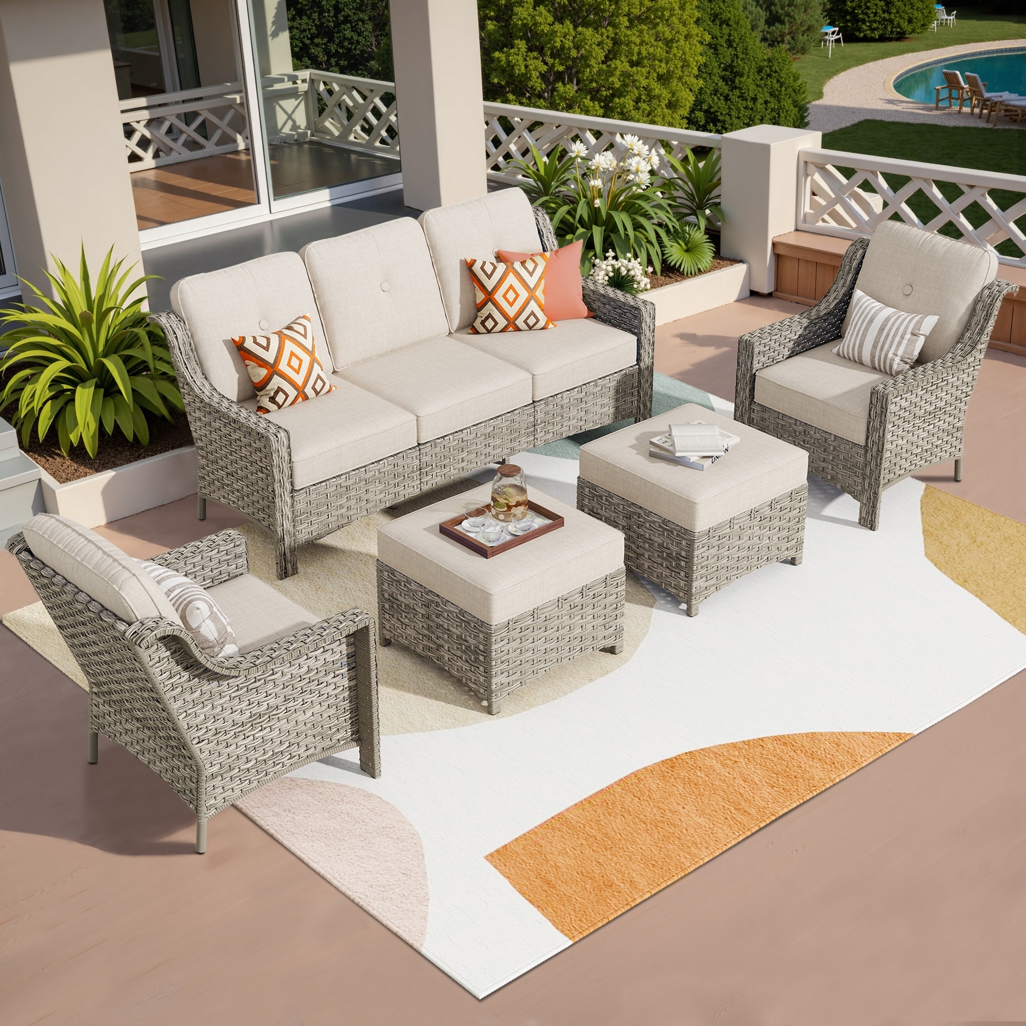 HOOOWOOO 5-piece Wicker High Back Outdoor Furniture Conversation