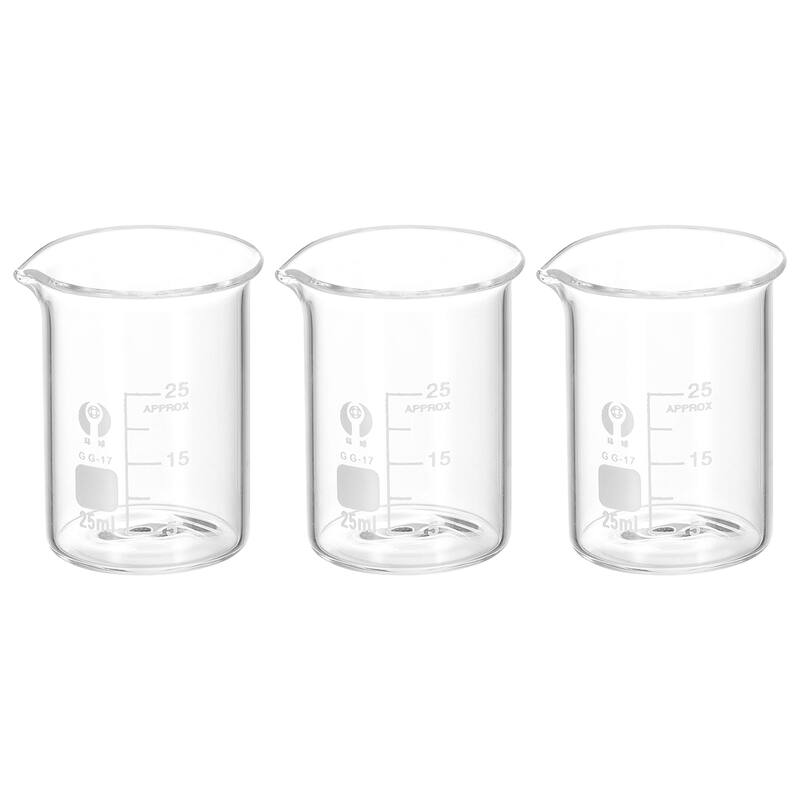 3Pcs 25ml Low Form Glass Beaker, 3.3 Glass Graduated Measuring Cups - Clear