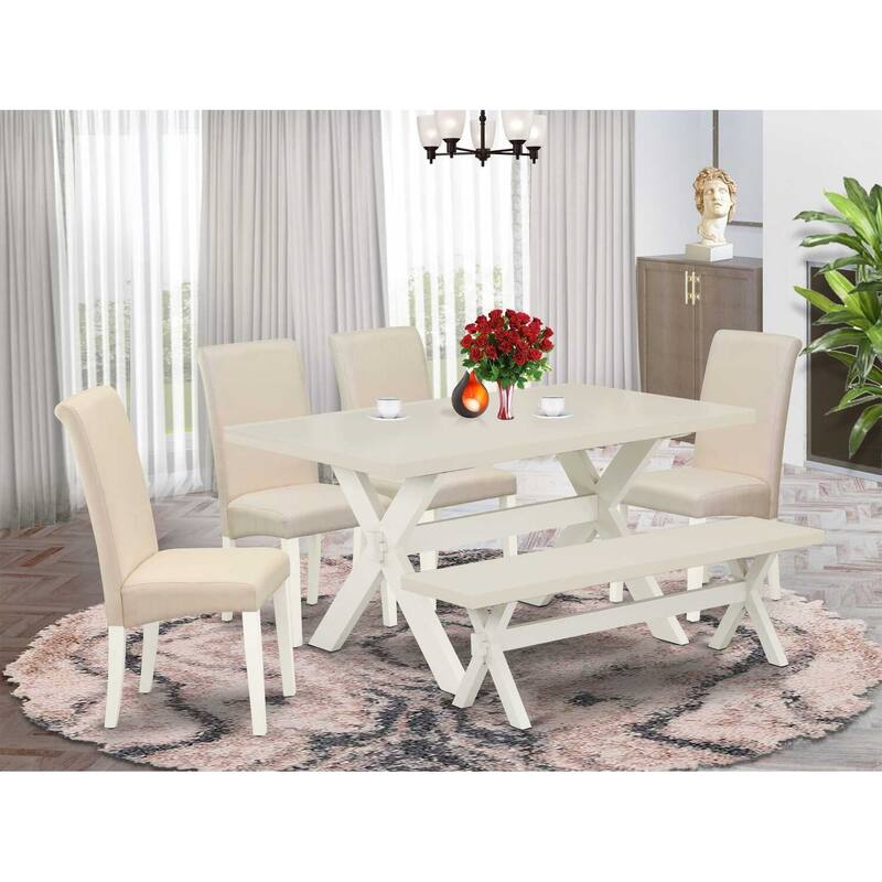 HomeStock 6-Pc Natural Oak Finish Solid Wood Top dining Table with 1-Bench and 4-Chairs
