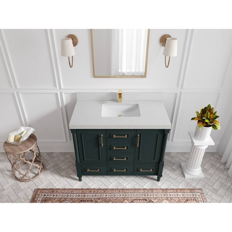 Willow Collections 42 in. W x 22 in. D Aberdeen Single Bowl Sink Bathroom Vanity with Countertop - 2" Carrara Quartz - Dark Forest Green