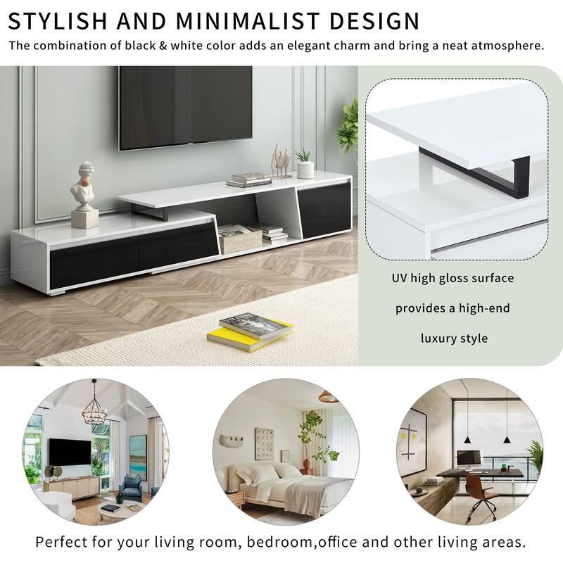 Roomfitters Extendable TV Stand for up to 100 Inch TV, Modern Media Console Cabinet with Drawers and Storage