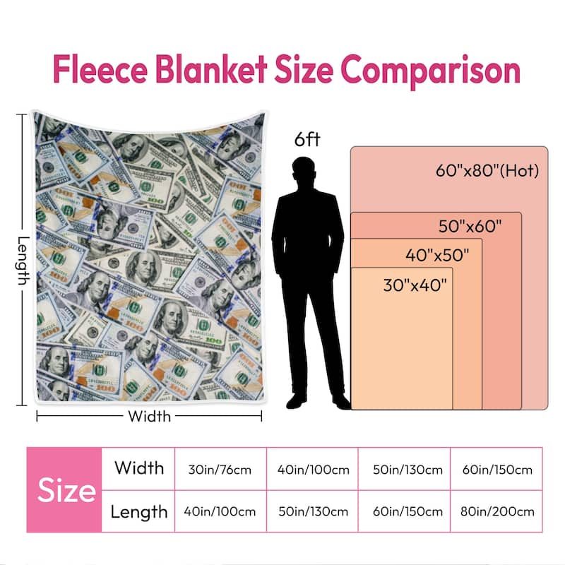 Money Flannel Fleece Blanket 100 Dollar Bills Pattern Print for Couch Bed Sofa