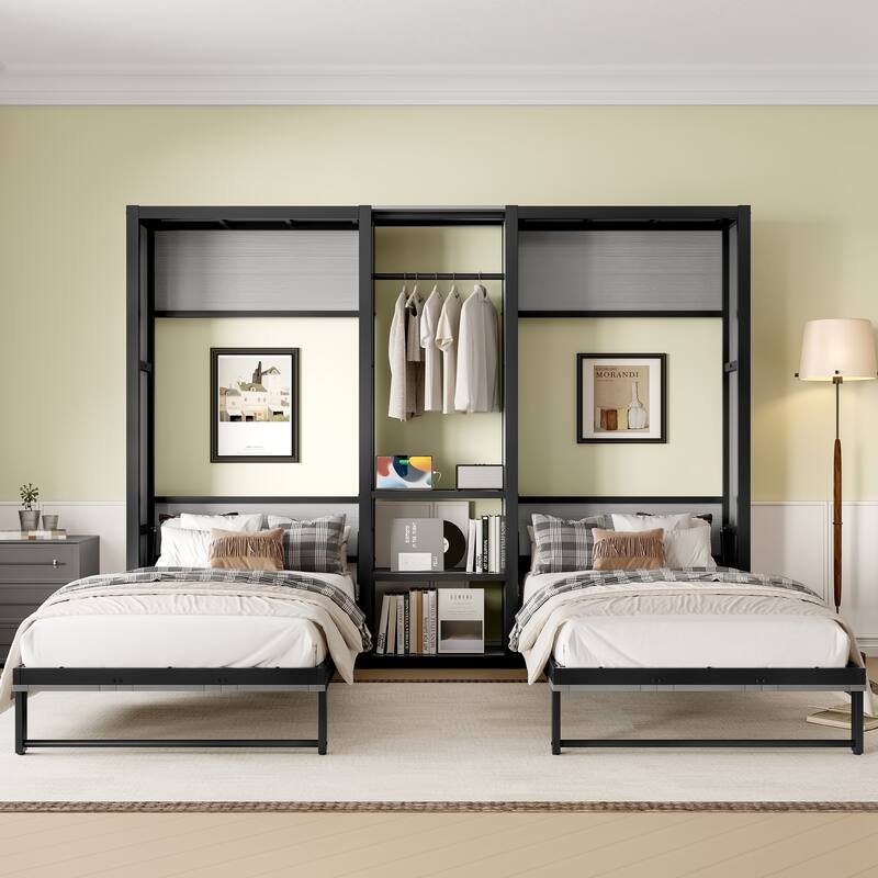 Twin Murphy Bed with Wardrobe - Metal Foldable Wall Bed, Shelves & Power Outlets, Space-Saving 2-in-1 Design