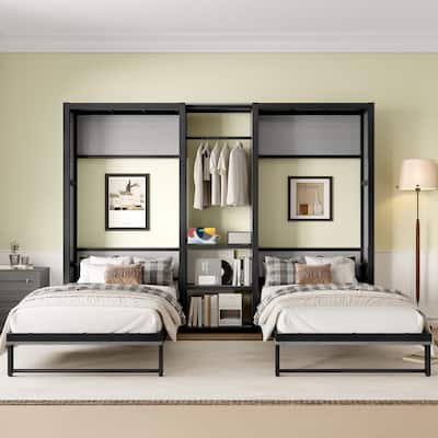 Twin Murphy Bed with Wardrobe - Metal Foldable Wall Bed, Shelves & Power Outlets, Space-Saving 2-in-1 Design