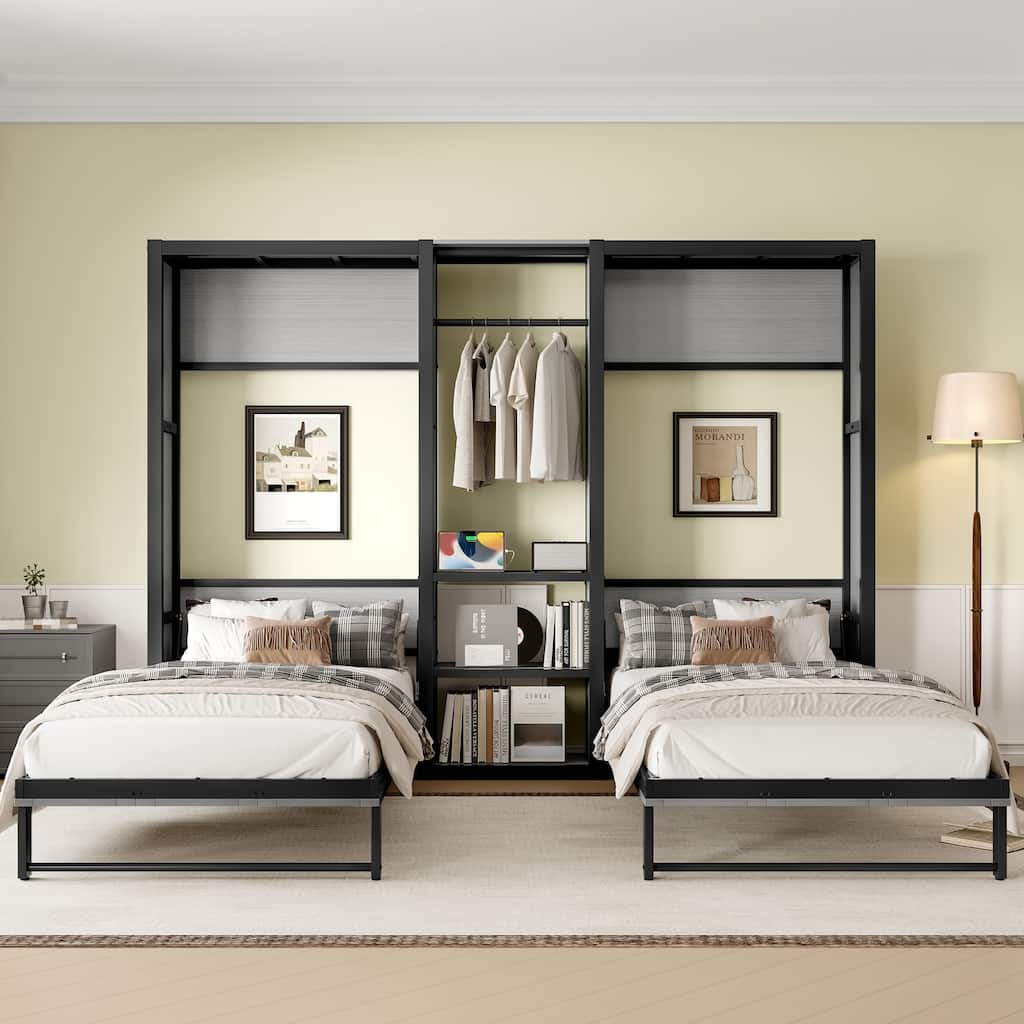 Twin Murphy Bed with Wardrobe - Metal Foldable Wall Bed, Shelves & Power Outlets, Space-Saving 2-in-1 Design