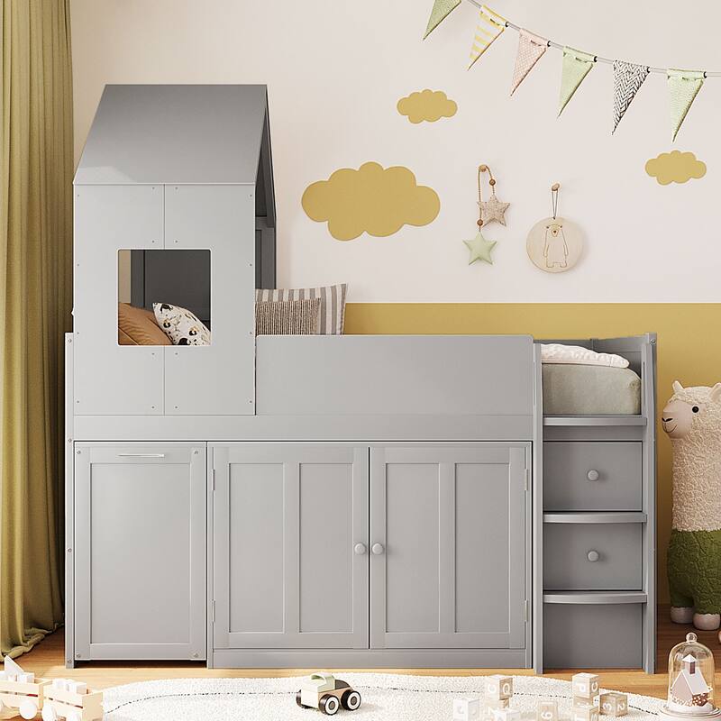 Roomfitters Twin Size House Loft Bed with Rolling Desk, Storage Cabinets and Staircase, All-in-One Space Saving Sleeper