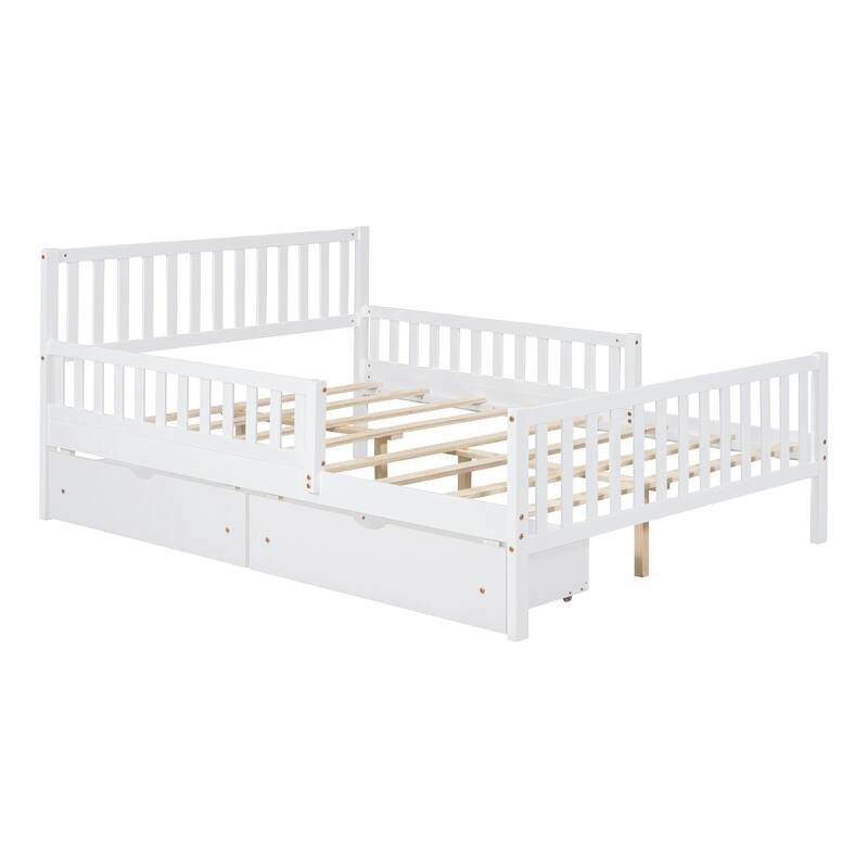 Wood Twin/Full Size Wood Platform Bed with Guardrails on Both Sides and Two Storage Drawers