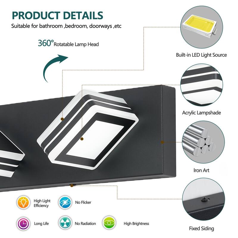 Modern Dimmable Vanity Lights for Bathroom LED 3 Light Bathroom Lights Over Mirror Bath Wall Lighting