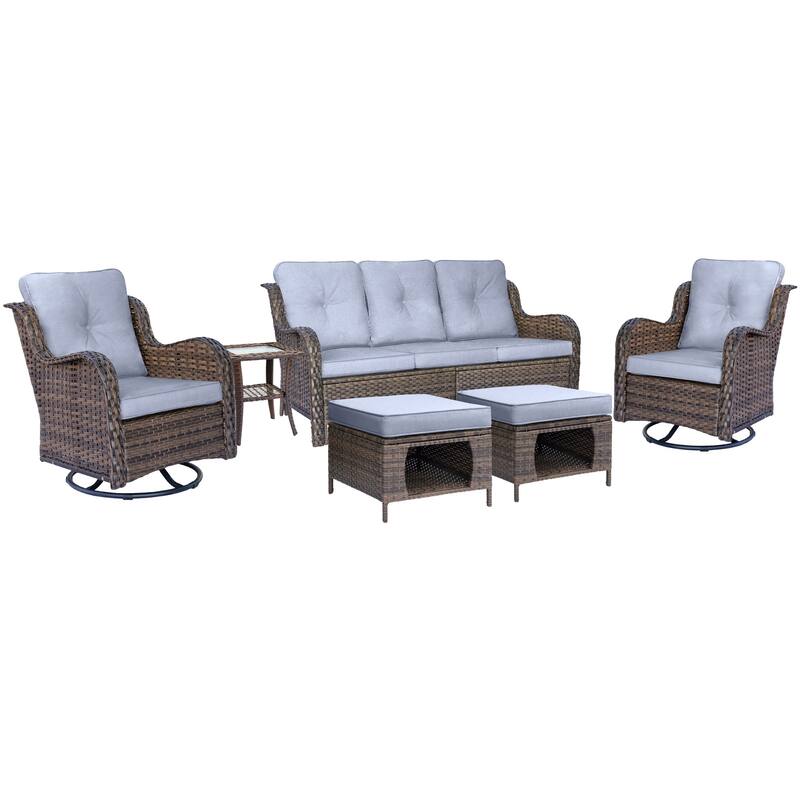 6 Piece Outdoor Wicker Patio Conversation Sofa Sets with Swivel Chairs