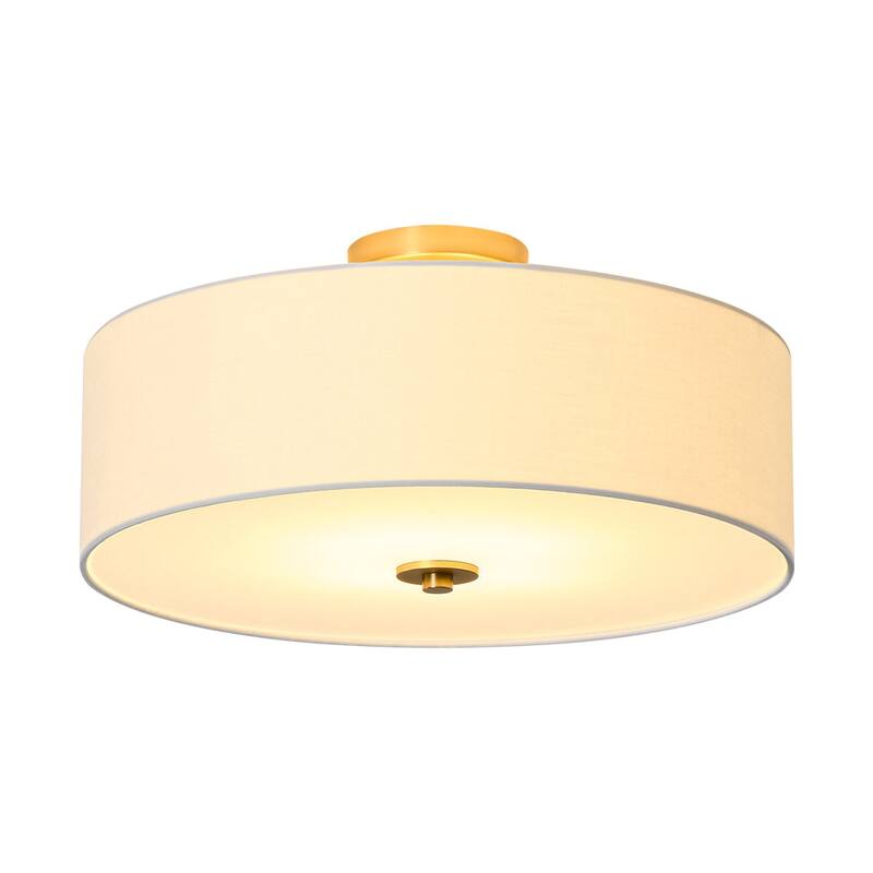 French Country Brass Round White Linen Drum Ceiling Light