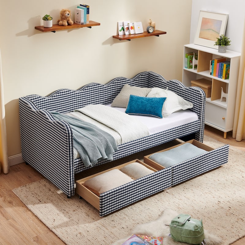 Twin Size Gingham Linen Upholstered Daybed with 2 Storage Drawers, USB Charging Station & Waved Arms - Blue - Twin