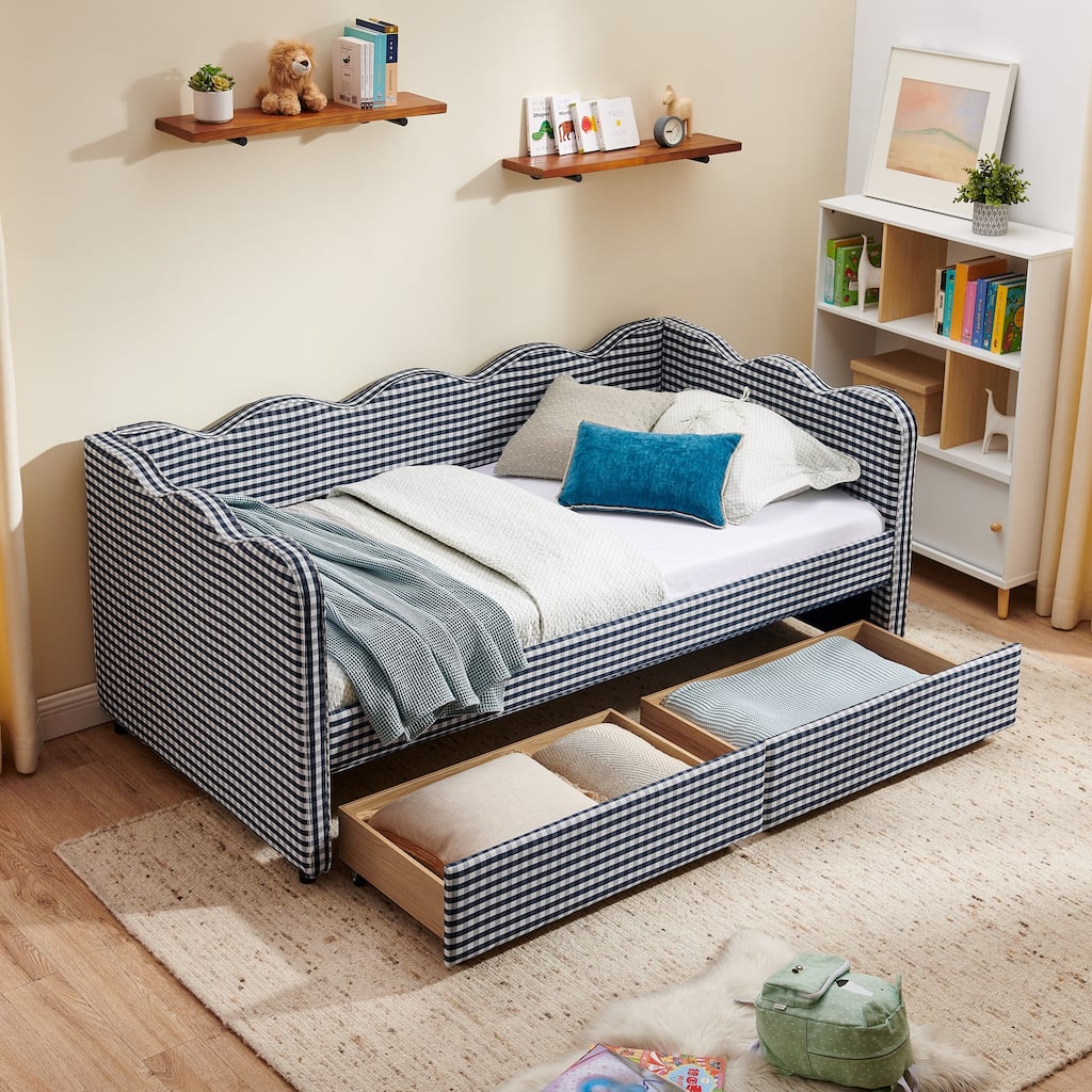 Twin Size Gingham Linen Upholstered Daybed with 2 Storage Drawers, USB Charging Station & Waved Arms