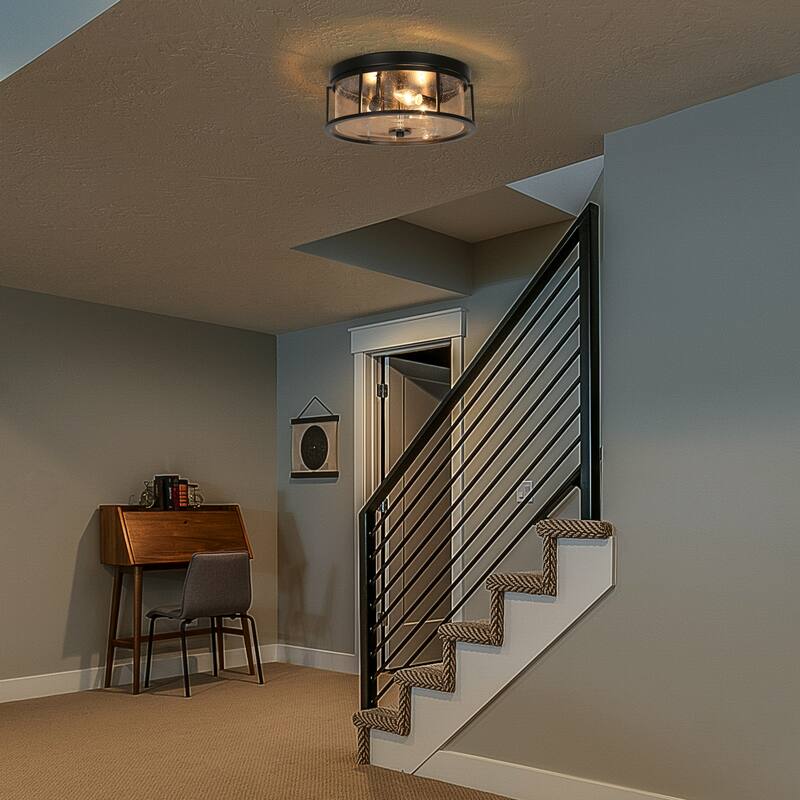 Modern Industrial 3-Light Glass Flush Mount Round Metal Ceiling Light - D 13"* H 6"