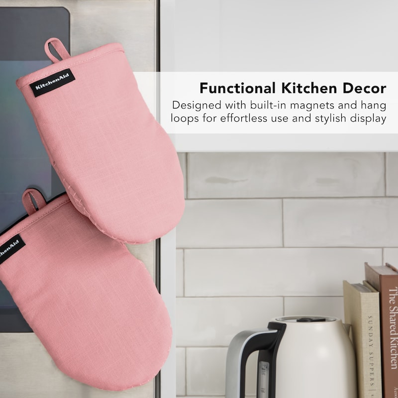 KITCHENAID Gourmet Series Gridlines Mini Oven Mitts 2-Pack Set, Heat Resistant up to 600°F, Soft Silicone Grip, Magnetic Cuff