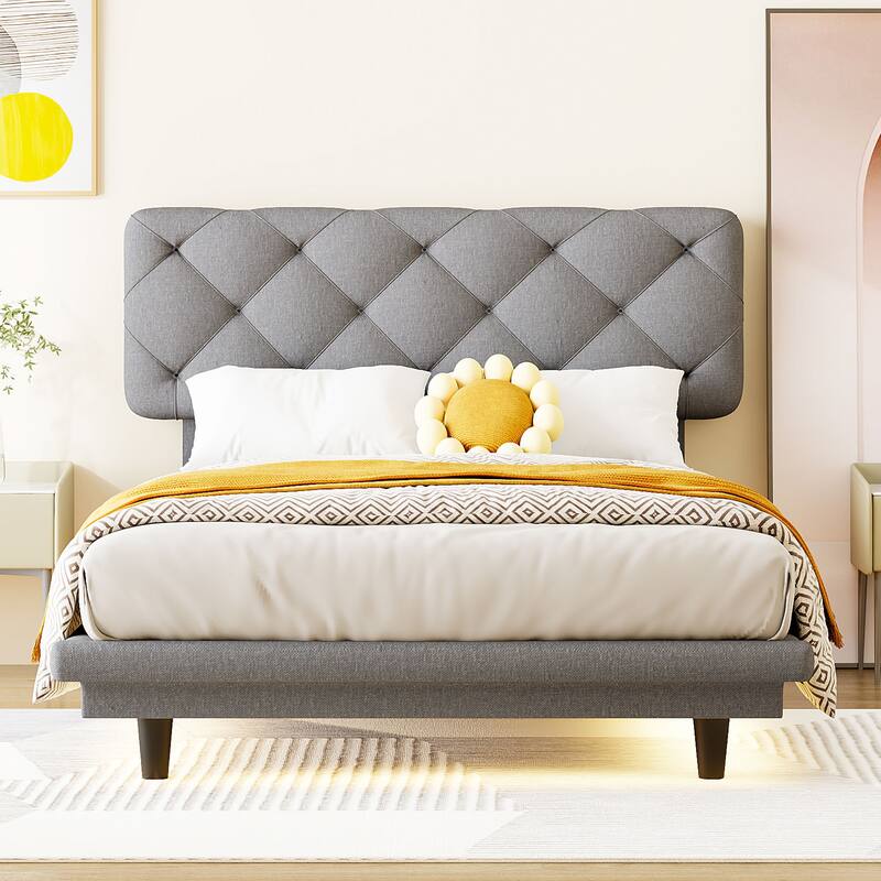 Roomfitters Twin Size Upholstered Bed with Light Stripe, Floating Platform Bed, Linen Fabric