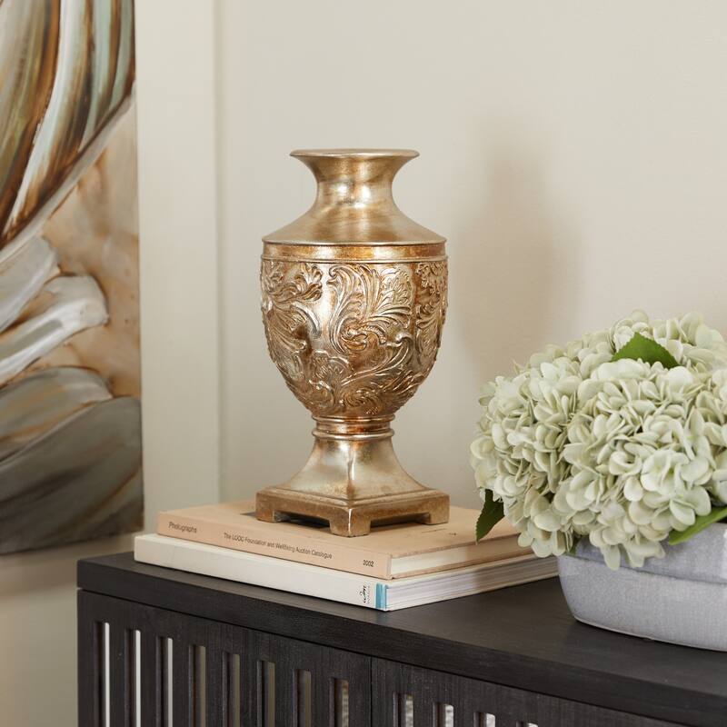 Gold Polystone Carved Decorative Vase - 7"W, 14"H - Gold