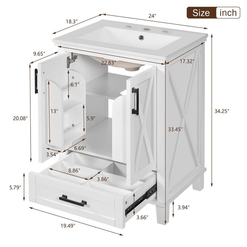24" Bathroom Vanity with Ceramic Sink, Solid Wood Frame, Soft-Close Doors, Drawer and Shelves, Freestanding Storage Cabinet