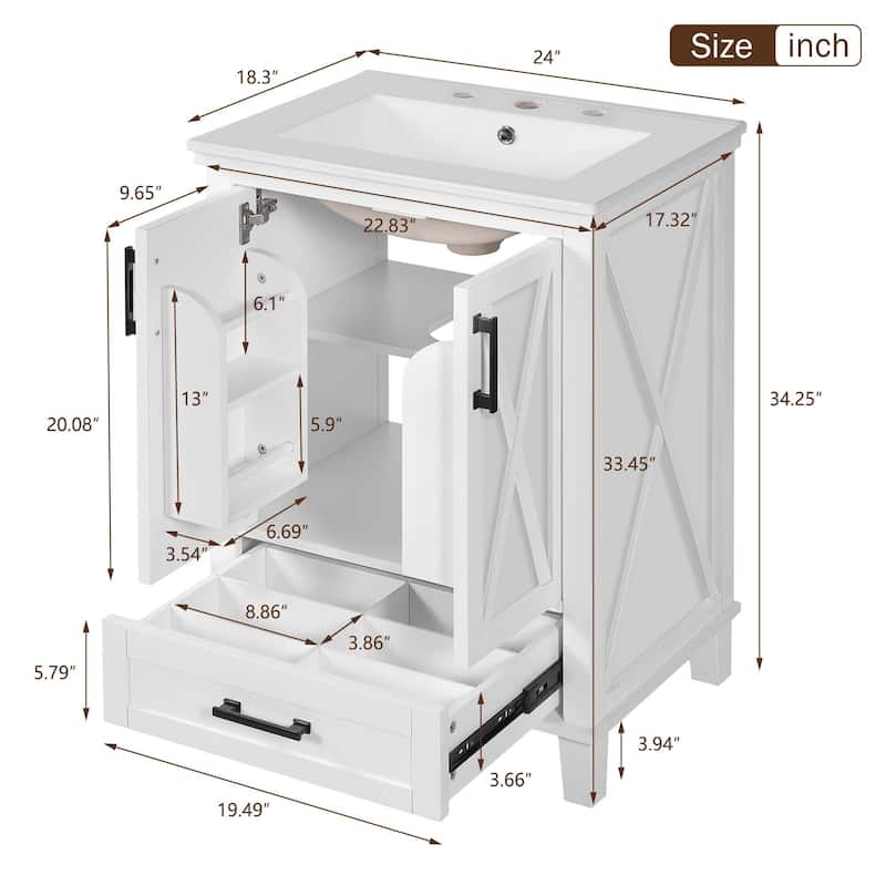 GDFStudio - Celia Wood Bathroom Vanity with Ceramic Sink, 2 Doors, Divided Drawer & Storage Shelves