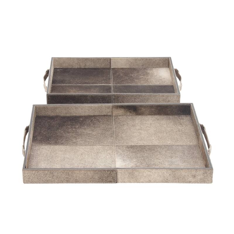 Gray Wooden Handmade Cowhide Living Room Decor Tray with Slot Handles (Set of 2) - 24 x 16 x 2