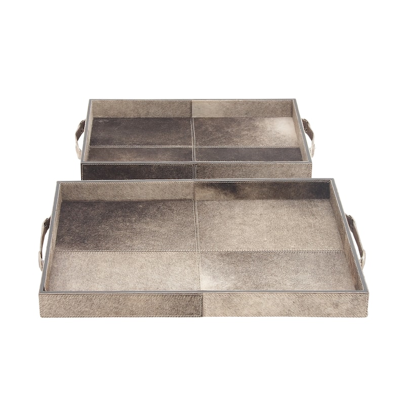 Wooden Handmade Cowhide Tray with Slot Handles - Set of 2 Gray - Roche River Decor - 16"W x 24"L x 2"H