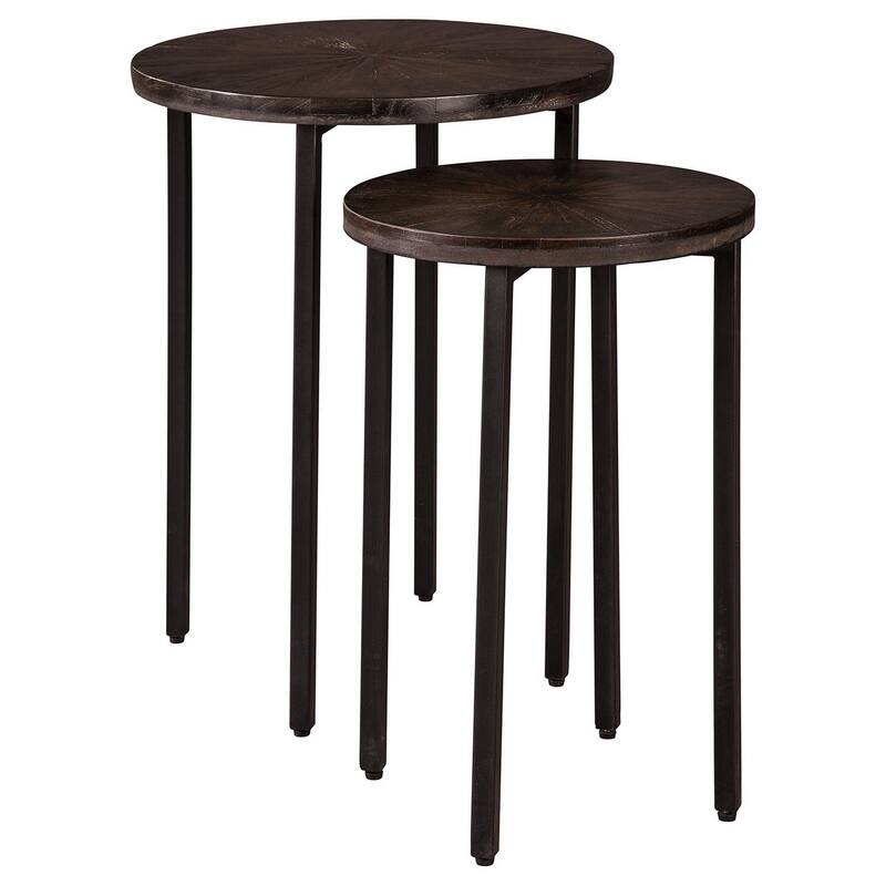 Round Wooden Top Metal Accent Table, Set of 2