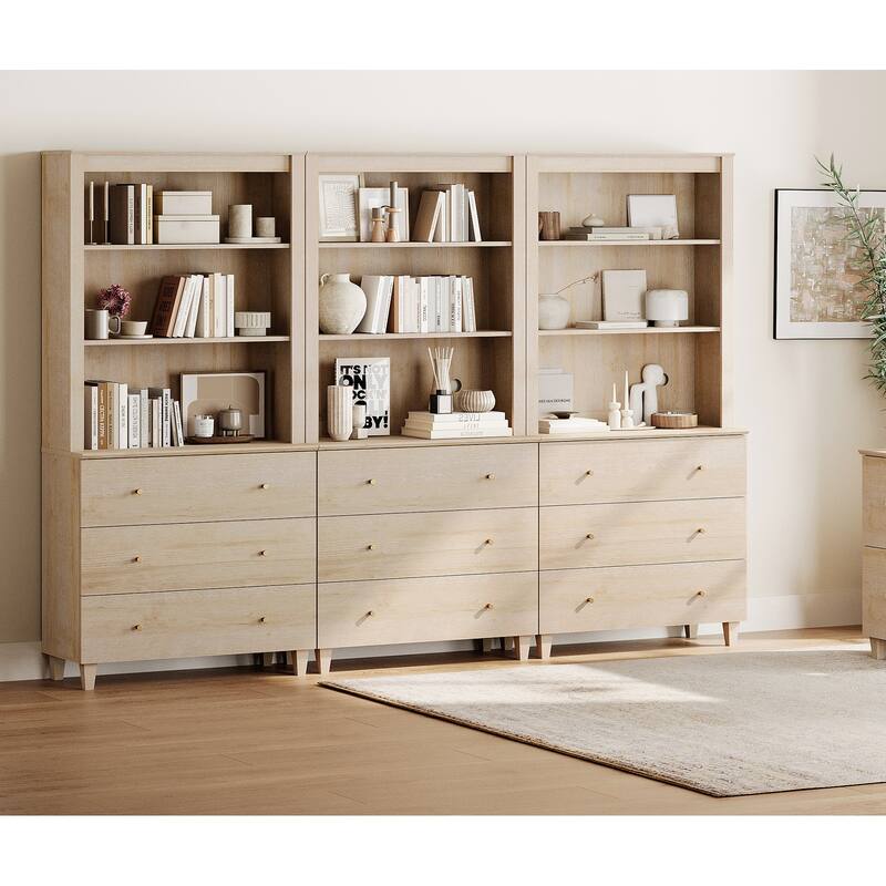 WAMPAT Modern 71" Tall Bookcase with 9 Drawers, 3 Columns 3-Tier