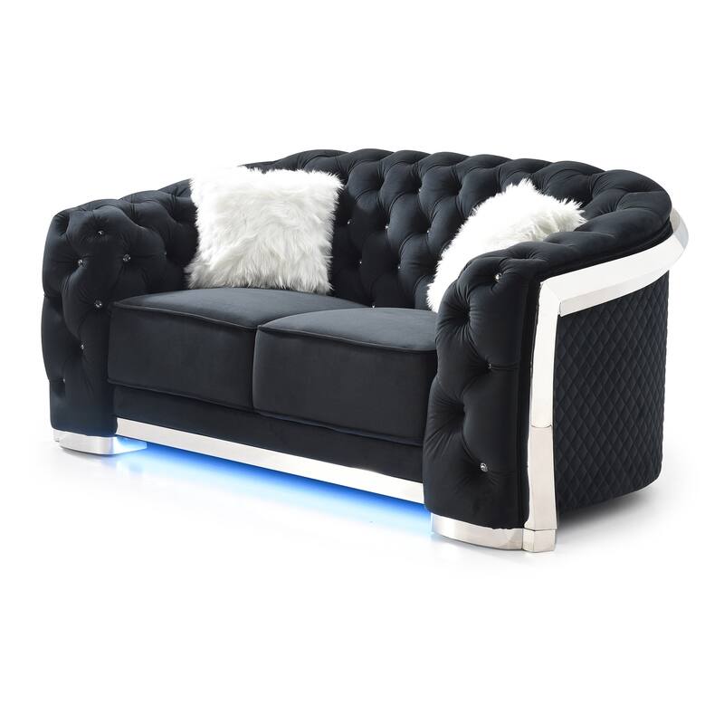 Button Tufted Flared Arm Velvet Straight Sofa with LED Lights - 71" - Black