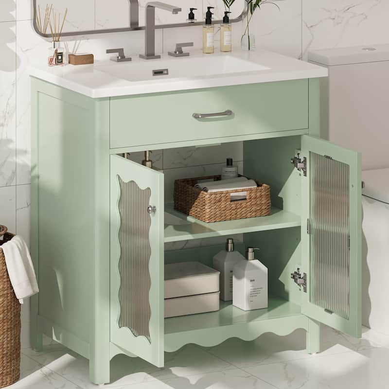 31" Bathroom Vanity with Tempered Glass, Modern Bathroom Cabinet with Rubber Wood legs and Soft close Doors, White