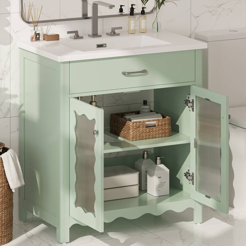 Bathroom Vanity with Sink, Bathroom Cabinet with Tempered Glass Doors & Adjustable Shelves, Wood Bathroom Storage Cabinet
